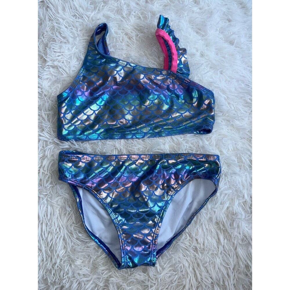 Shelloha Girls Sz. 10 Two Piece Blue Mermaid 2 Pc. Swimsuit. Cute, Exc. Cond.
